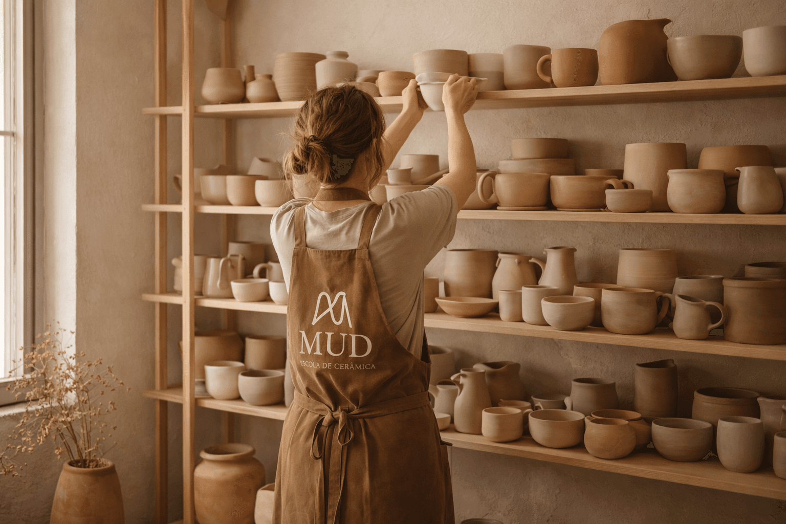 Ambiente do ateliê da MUD com avental da marca diante de prateleiras cheias de peças