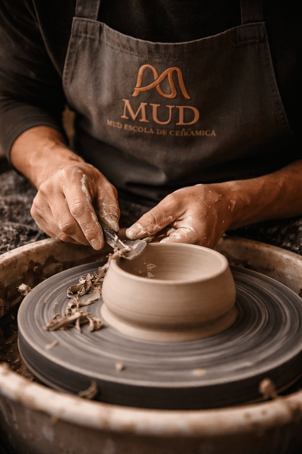 Peça sendo torneada com avental da MUD em destaque
