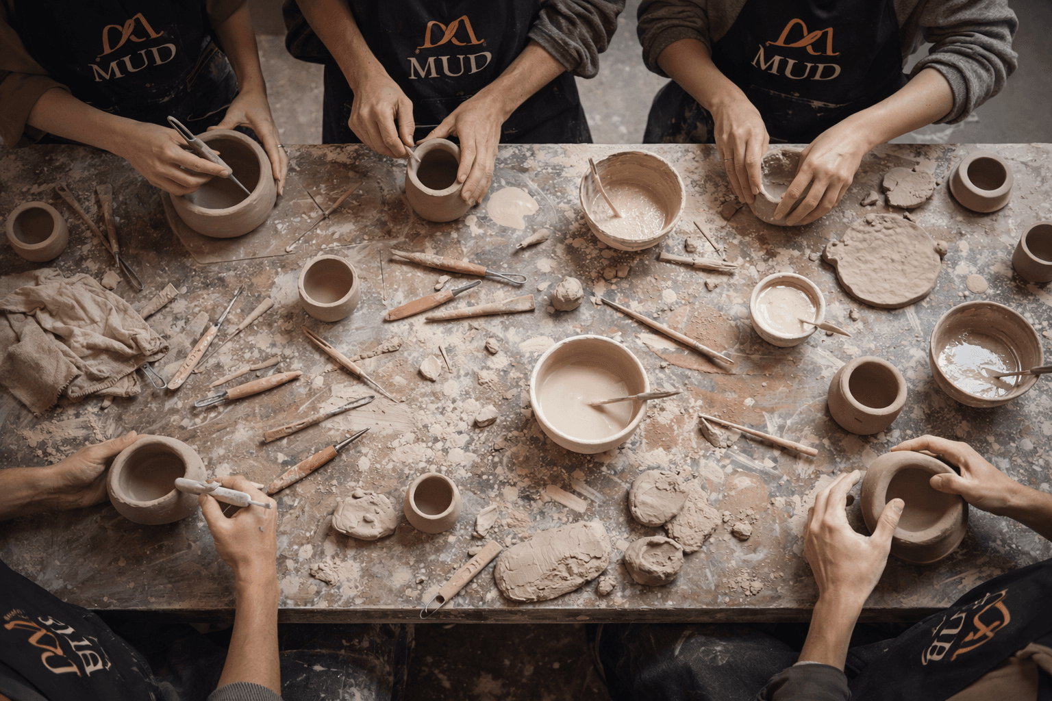 Vista superior de uma mesa de oficina com aventais MUD, ferramentas e peças em cerâmica