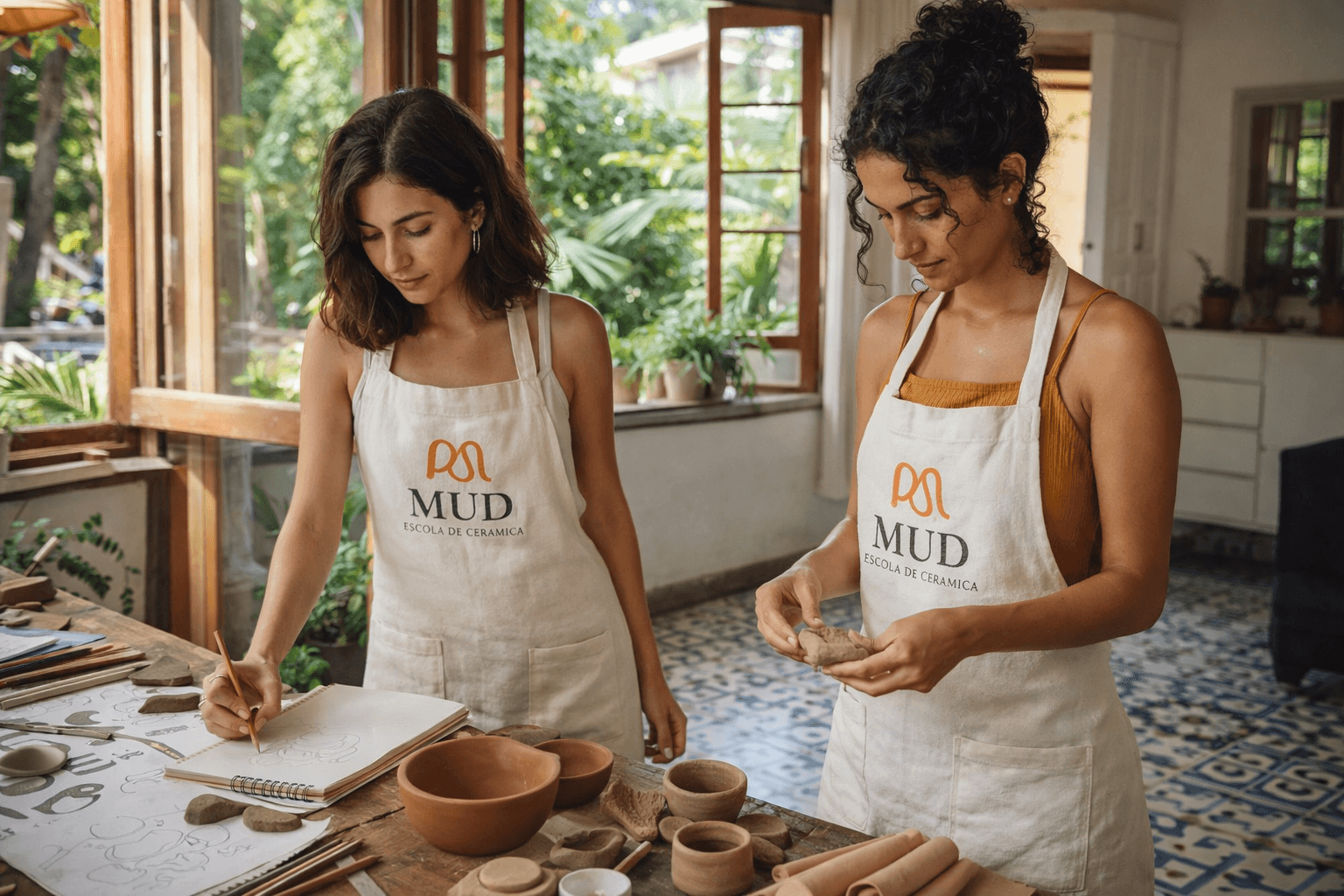 Mesa de criação com aventais da MUD, cadernos, ferramentas e peças em argila