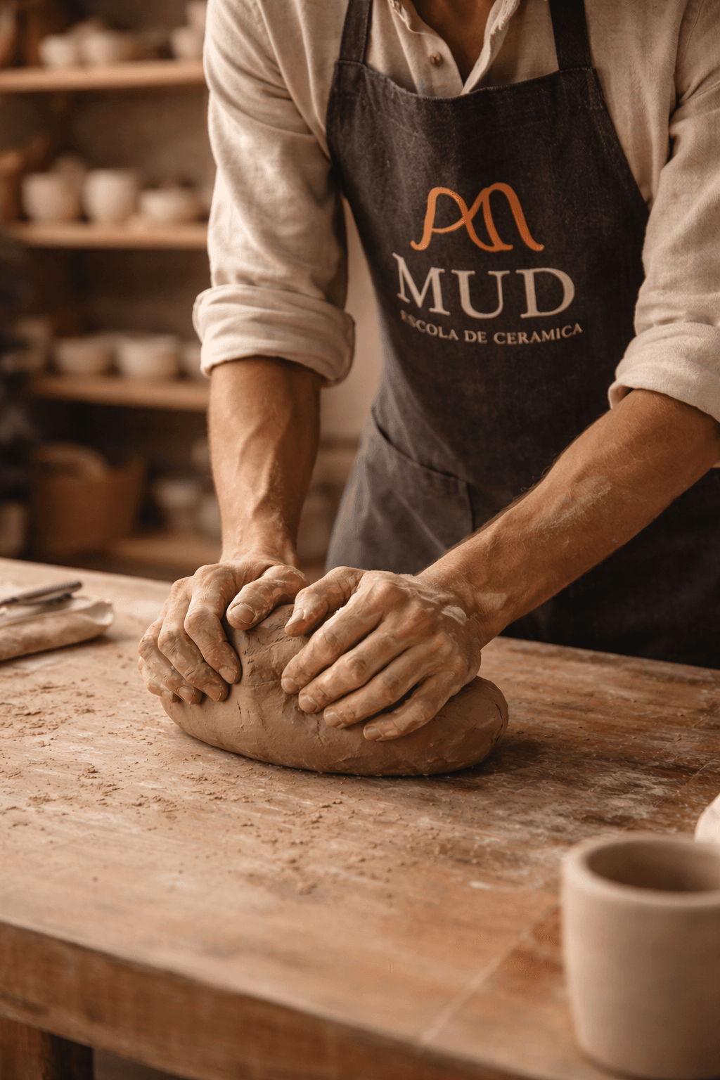 Avental da MUD em uso enquanto mãos modelam barro sobre a mesa do ateliê