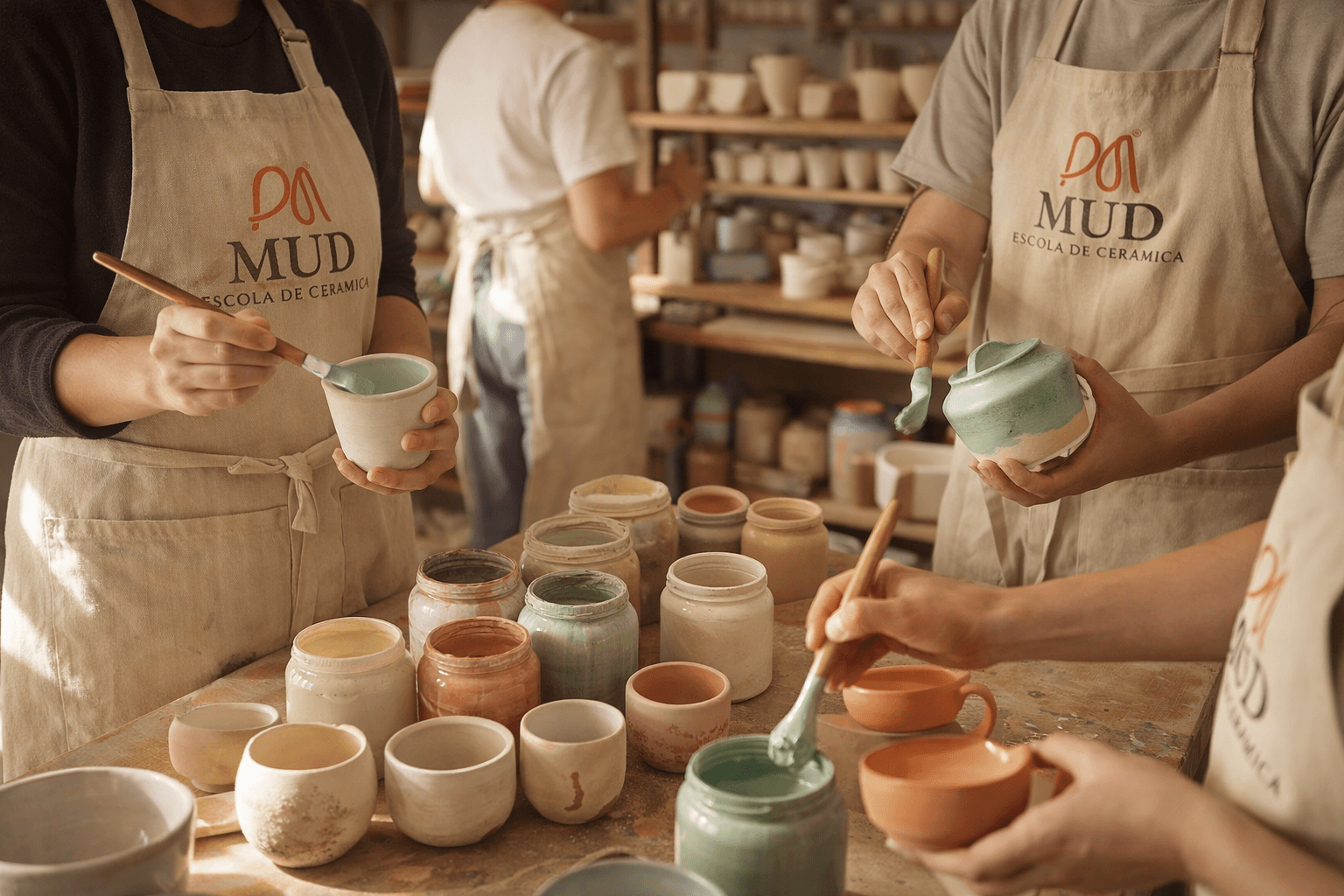 Turma da MUD esmaltando peças no ateliê