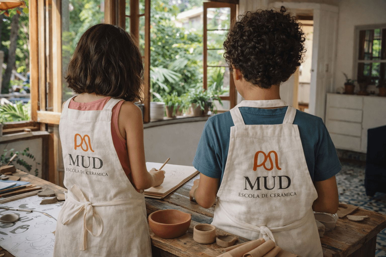 Aventais e mãos em uma atividade de cerâmica infantil.