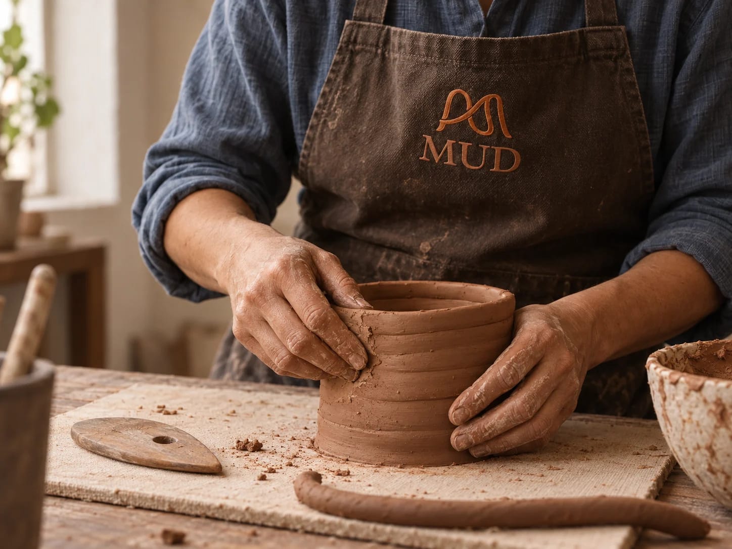 Construção de um vaso com rolos de argila.