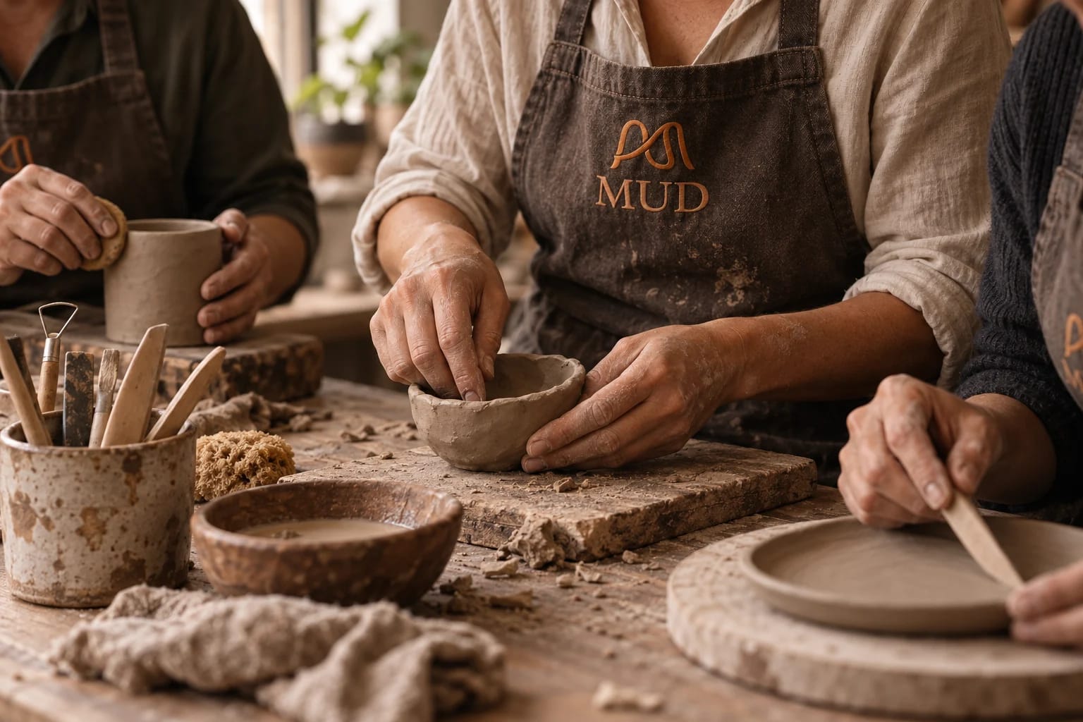 Mãos trabalhando em peças diferentes ao redor de uma mesa.