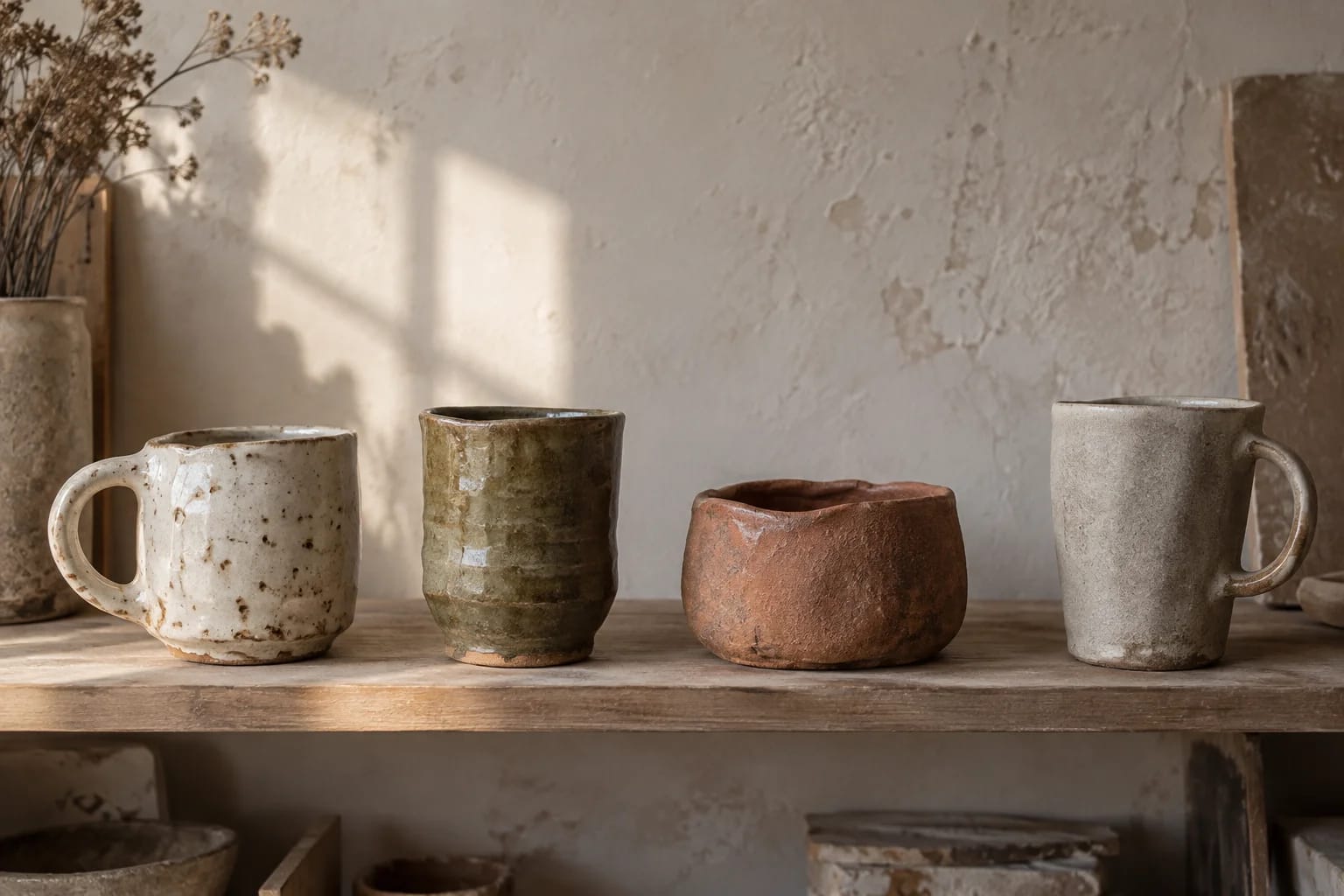 Quatro peças de cerâmica com formas e esmaltes diferentes.