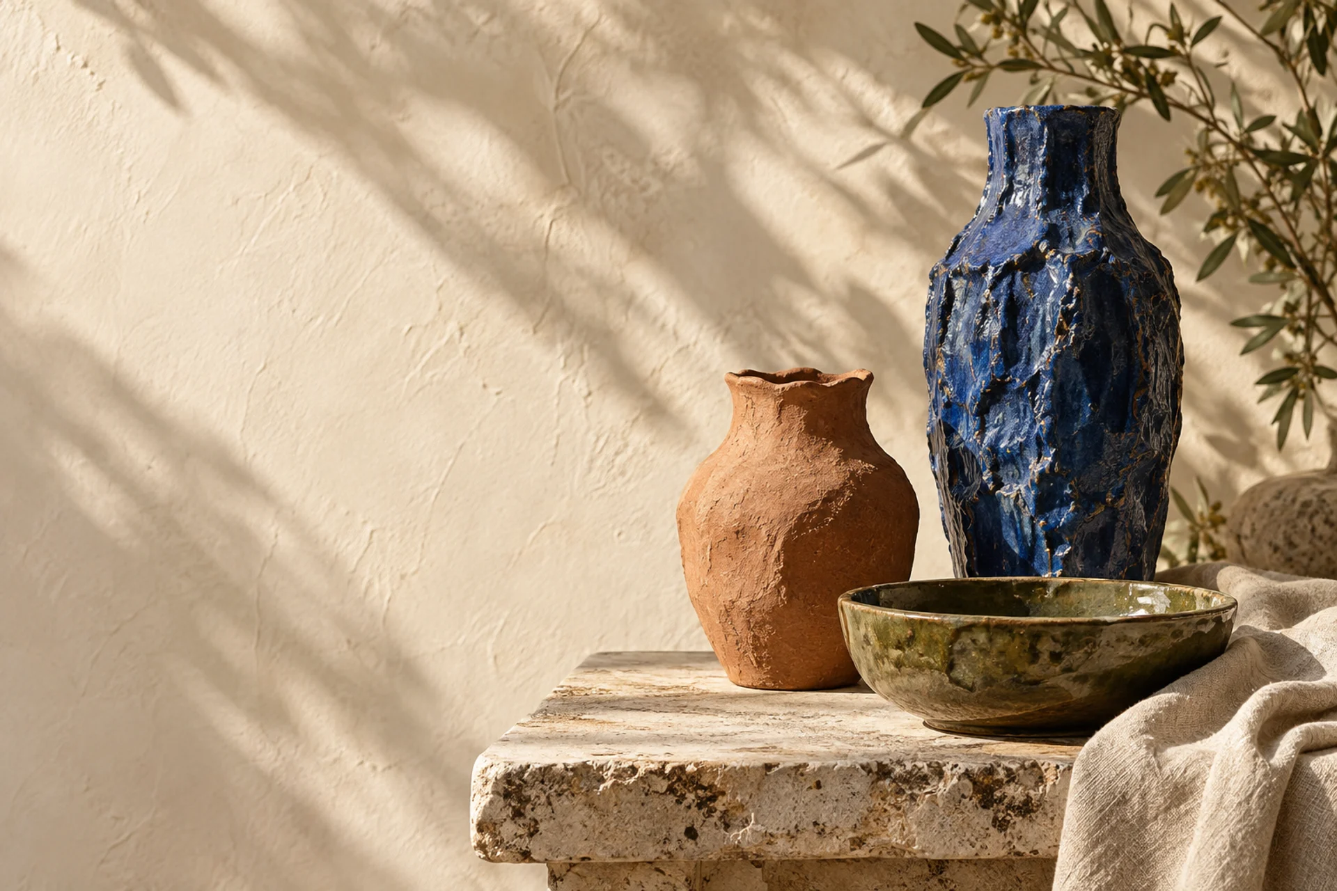 Composição de cerâmicas artesanais em azul, terracota e verde